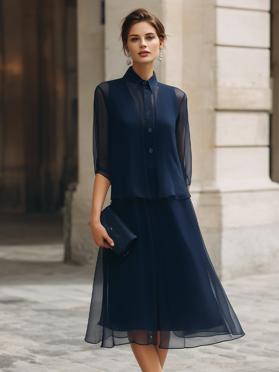 Button-Front Sheer Overlay Midi Dress