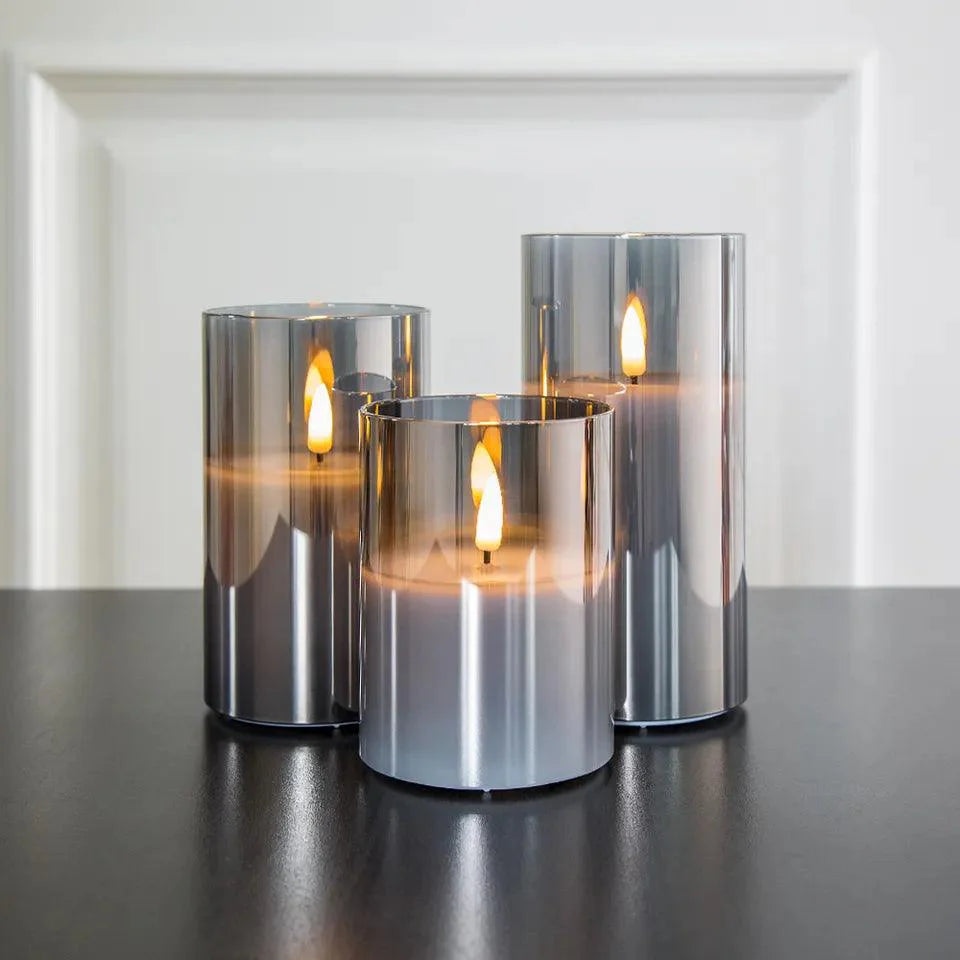 Kustin | Bougies LED – Verre Gris – Effet Flamme Réaliste – Set de 3