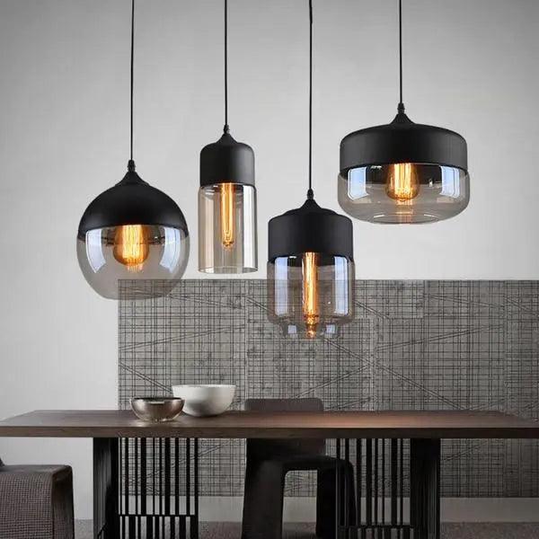 Linsnö | Suspension moderne – 4 formes – abat-jour en verre clair – accents en métal et bois