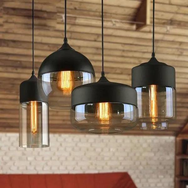 Linsnö | Suspension moderne – 4 formes – abat-jour en verre clair – accents en métal et bois