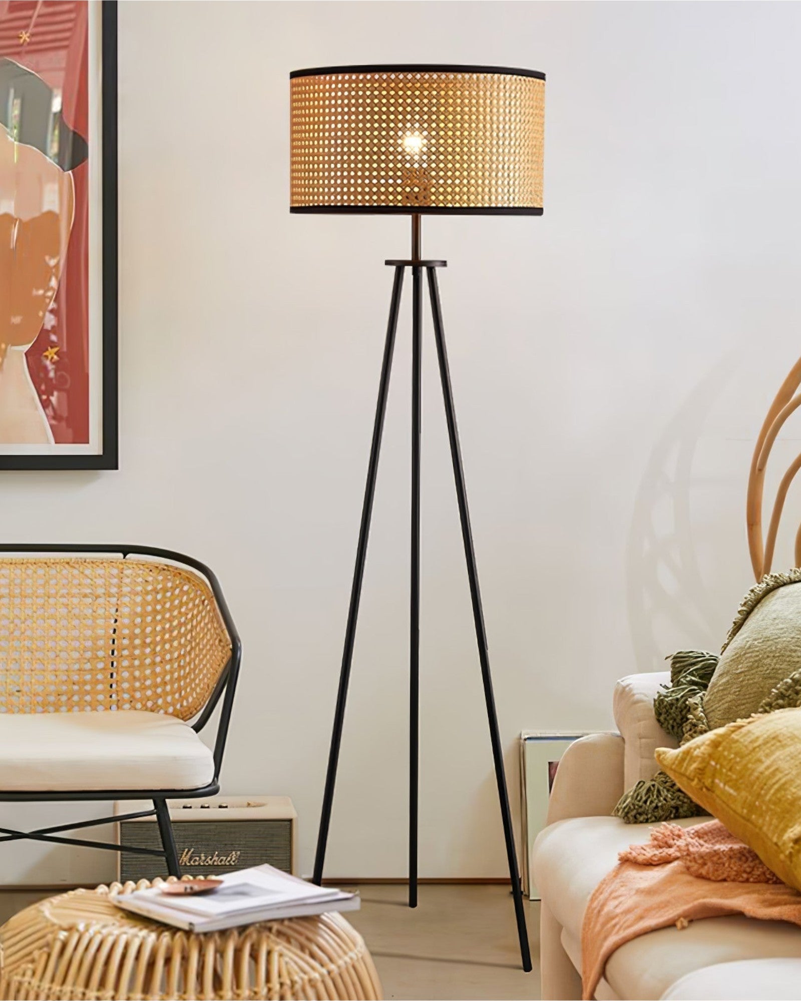 Clair Nord | Lampe sur pied en rotin fait main – bambou naturel & noir – élégante et durable