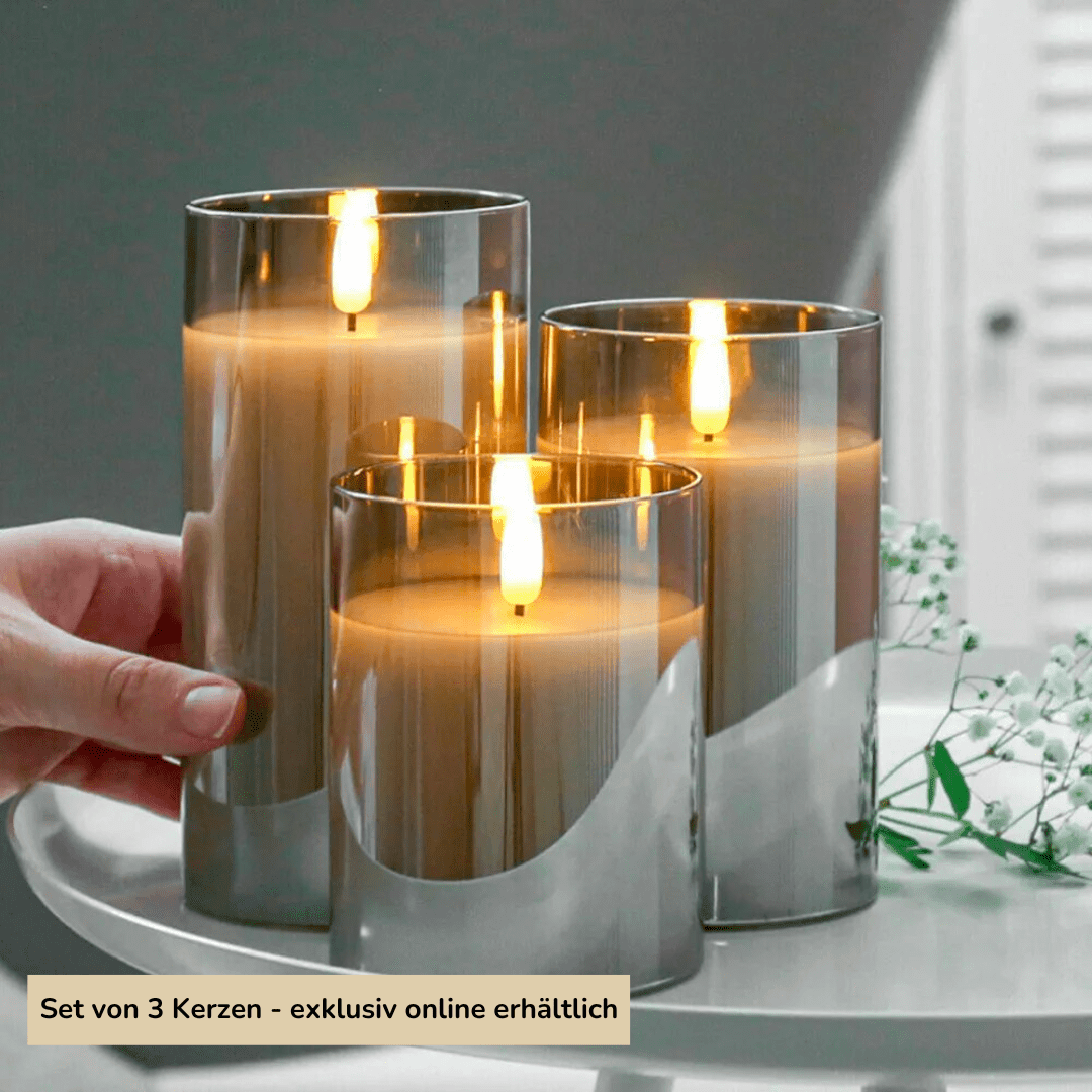 Kustin | Bougies LED – Verre Gris – Effet Flamme Réaliste – Set de 3