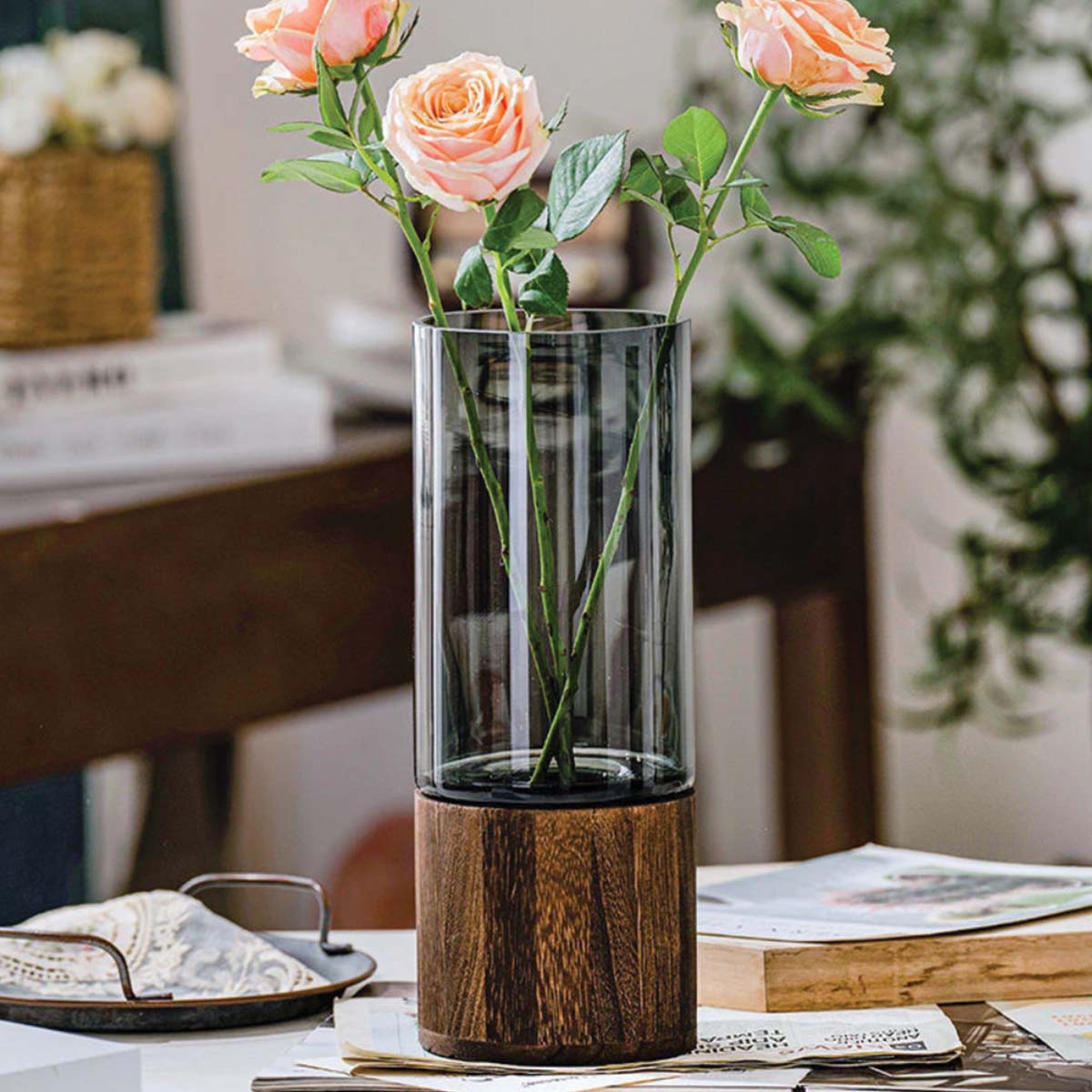 Vent Blå | Vase en verre et bois – Élégance naturelle