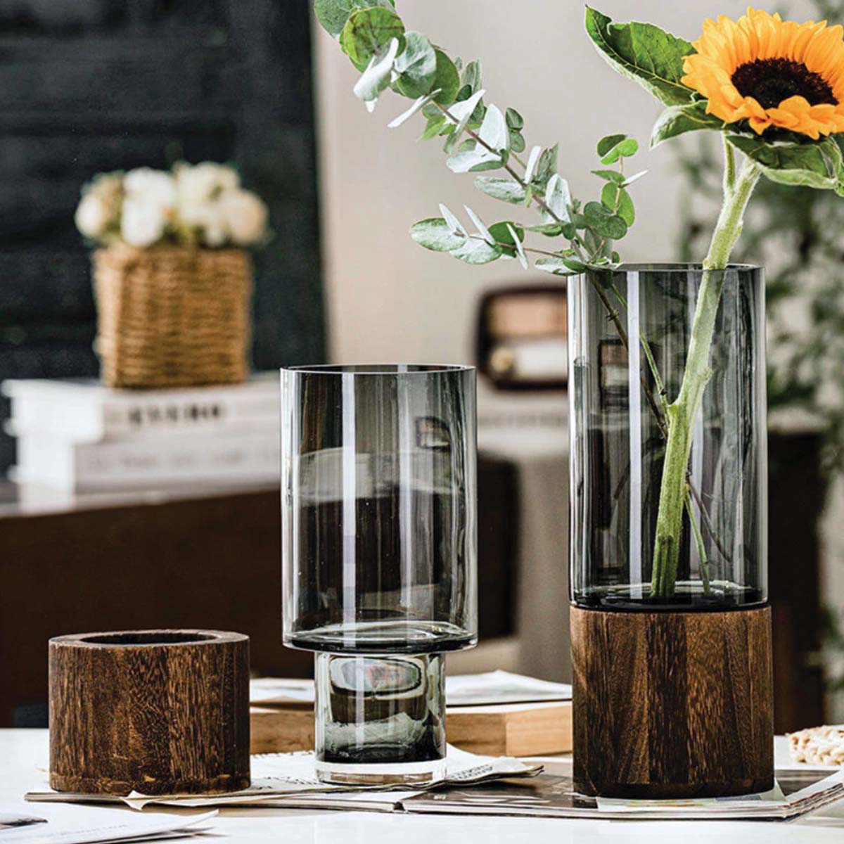 Vent Blå | Vase en verre et bois – Élégance naturelle