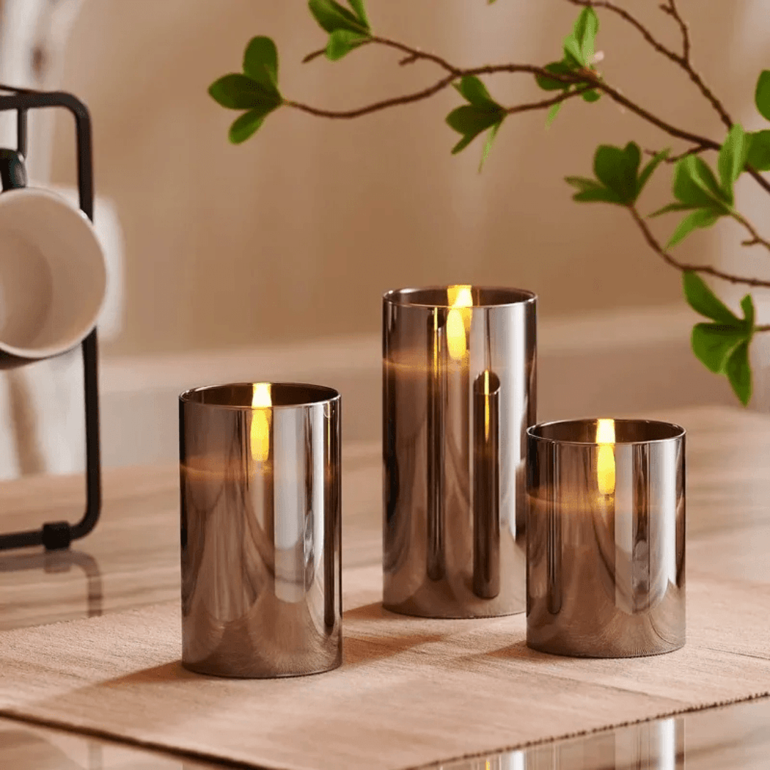 Kustin | Bougies LED – Verre Gris – Effet Flamme Réaliste – Set de 3