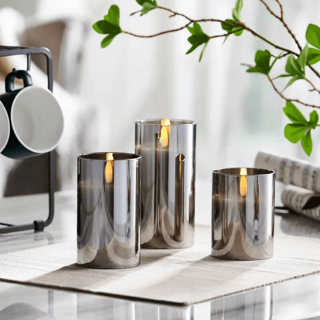 Kustin | Bougies LED – Verre Gris – Effet Flamme Réaliste – Set de 3