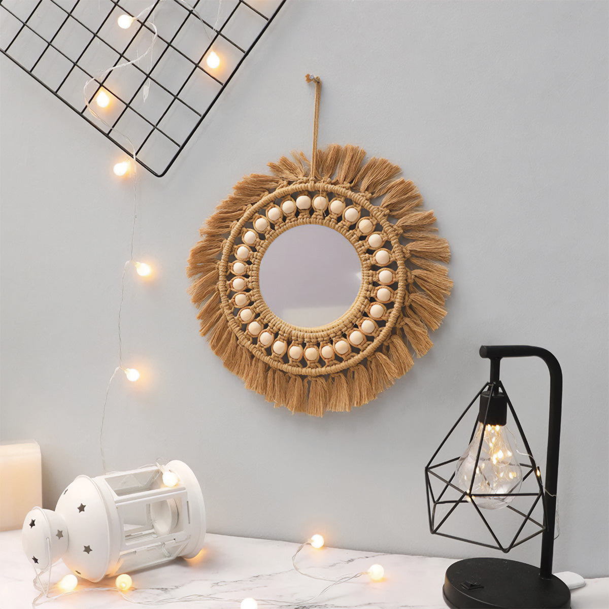 Soleil Vinter | Miroir en macramé – perles élégantes