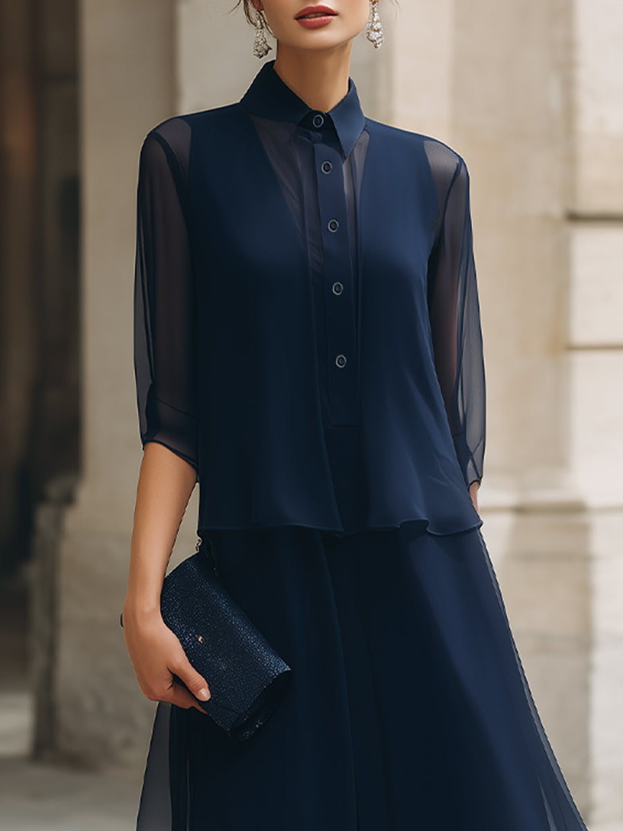 Button-Front Sheer Overlay Midi Dress