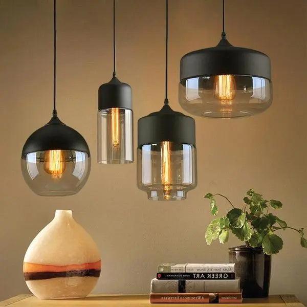 Linsnö | Suspension moderne – 4 formes – abat-jour en verre clair – accents en métal et bois