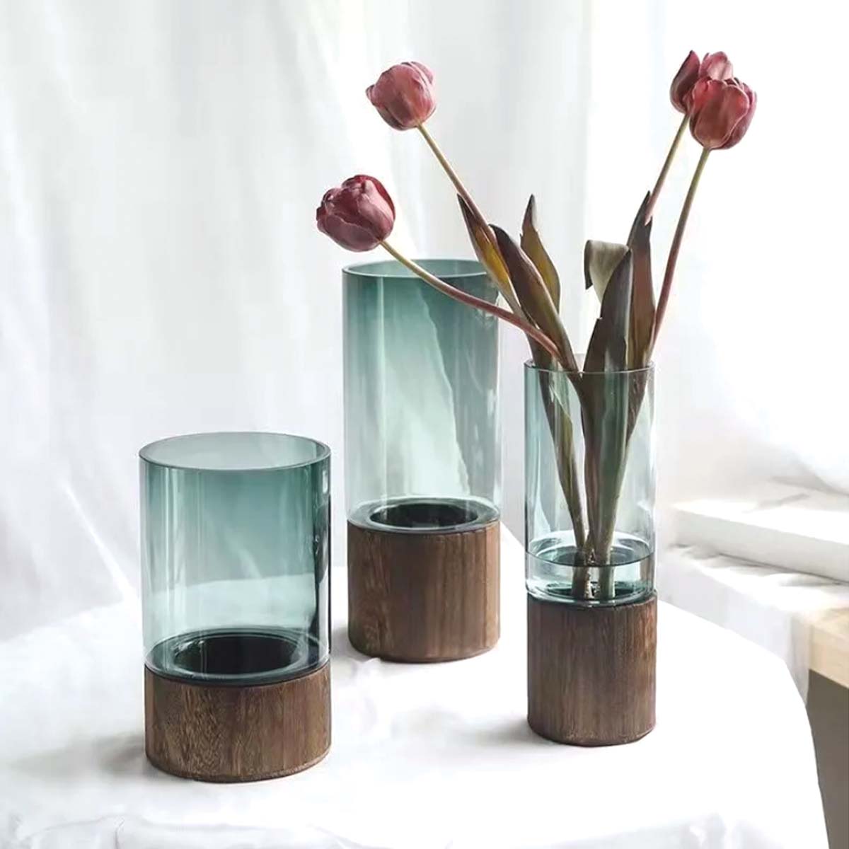 Vent Blå | Vase en verre et bois – Élégance naturelle