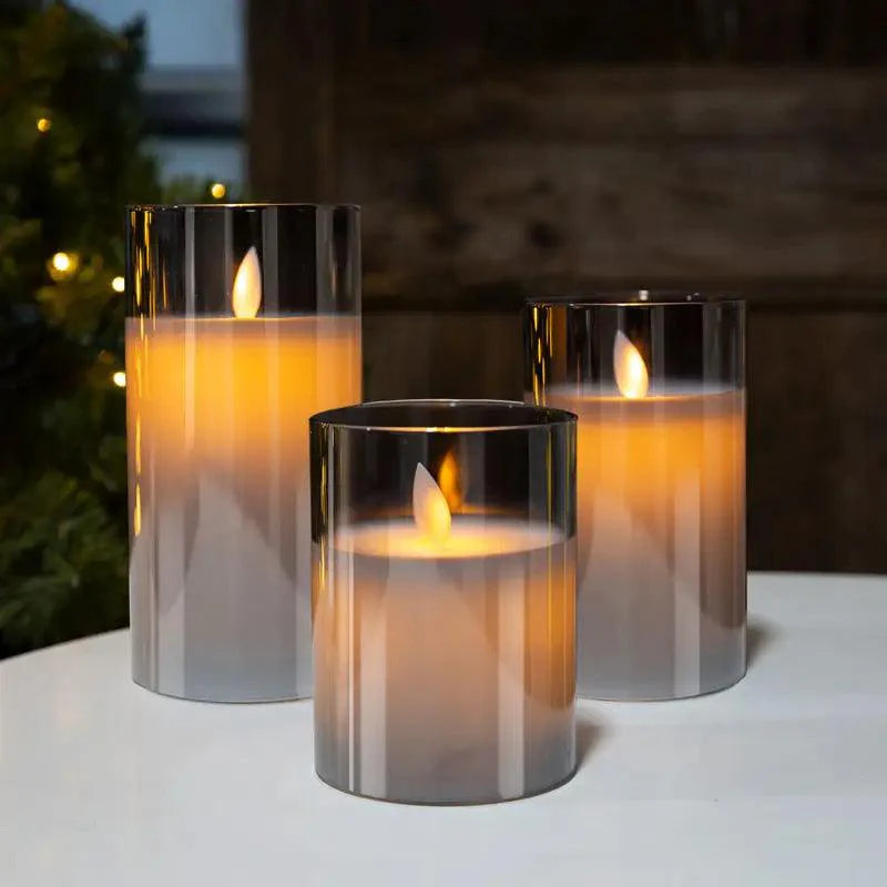 Kustin | Bougies LED – Verre Gris – Effet Flamme Réaliste – Set de 3