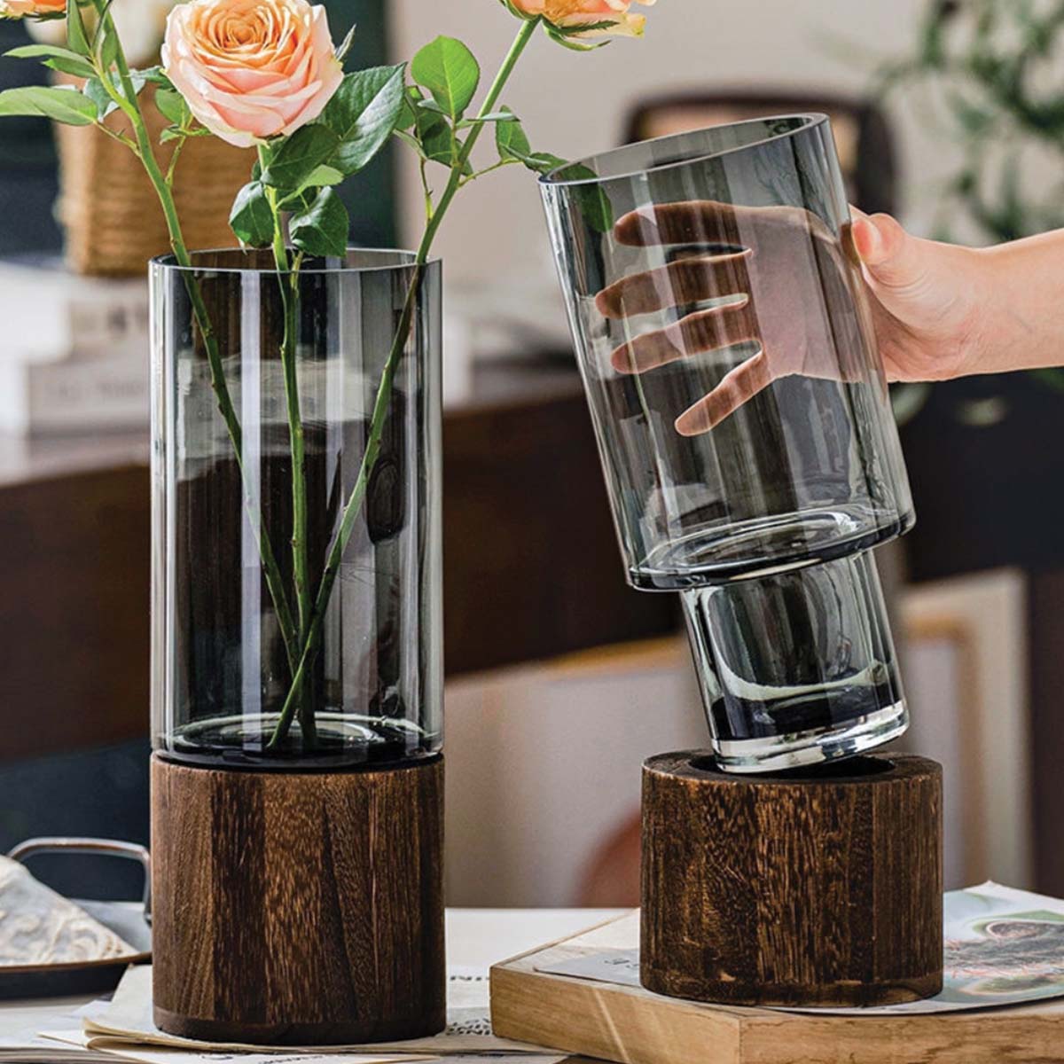 Vent Blå | Vase en verre et bois – Élégance naturelle