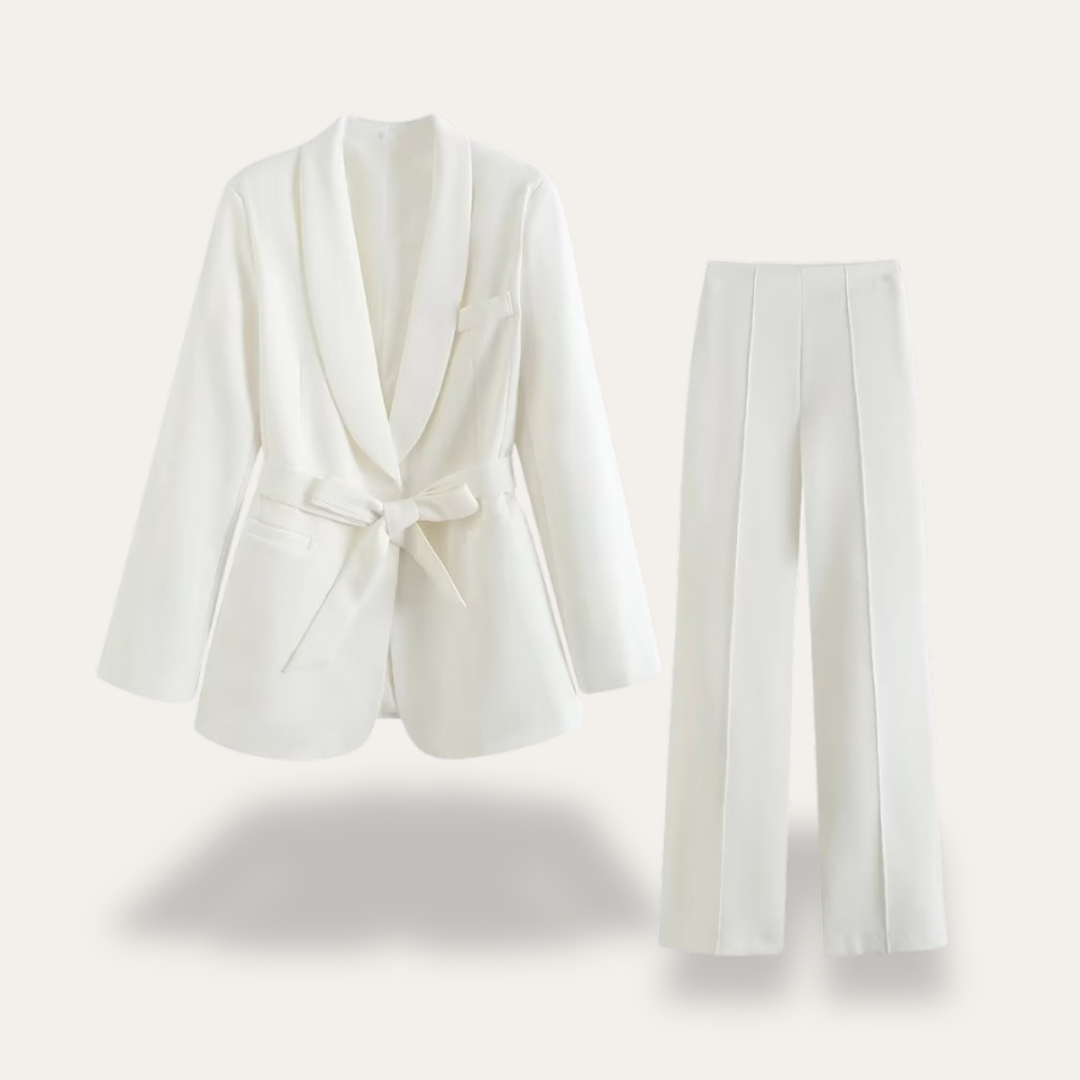Women’s Belted Blazer and Wide-Leg Trousers Set – Elegant Tailored Two-Piece